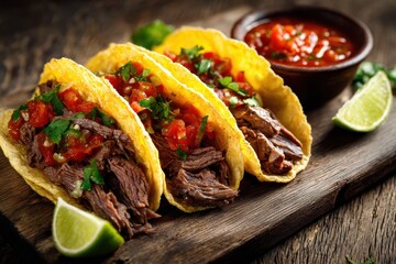 Beef tacos with roasted meat sauce and tomato salsa