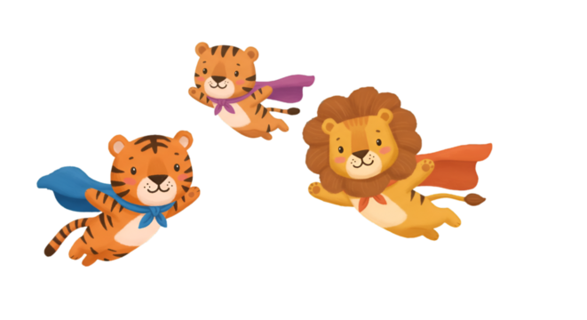 Cute Cartoon Superhero Tiger Lion Flying on Transparent Background Illustration
