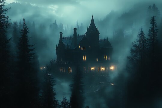 Dark Victorian mansion shrouded in mist with glowing windows in forest gothic mansion