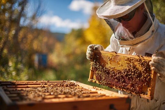 Beehive frames Beekeeper examining hive
