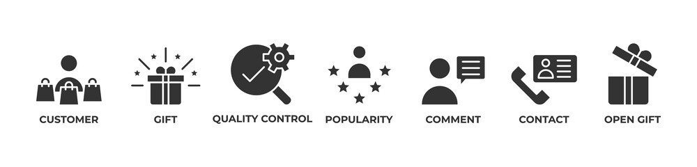 Customer Delight Icons set vector illustration glyph with Customer, Gift, Quality control, Popularity, Comment, Contact, Open gift