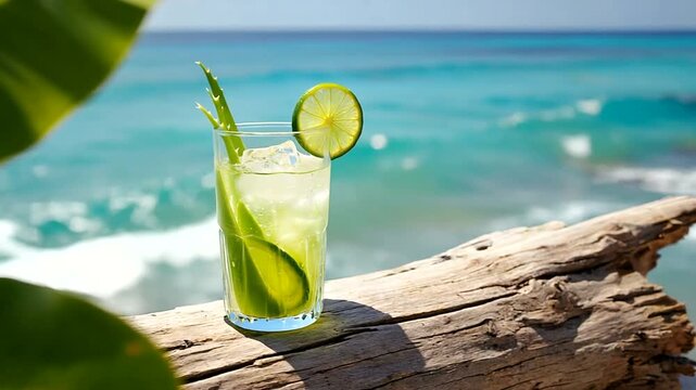 Refreshing cocktail with lime and aloe vera on driftwood by a serene beach with ocean waves