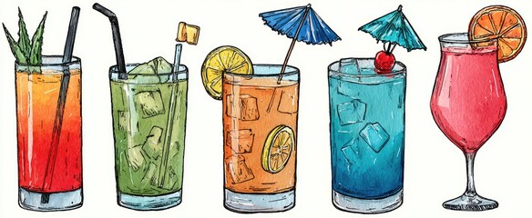 Colorful hand-drawn cocktails with ice, garnishes, and umbrellas