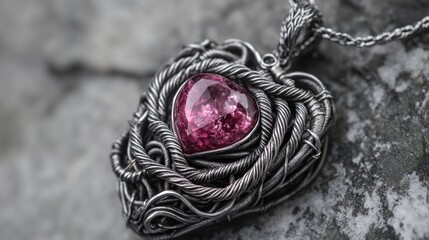Close-up of a handcrafted pendant, featuring a pink gemstone nestled within intricate wirework