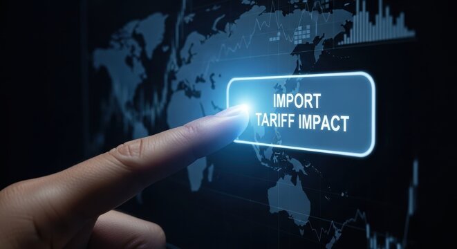 A finger presses a button labeled import tariff impact on a world map display screen interface