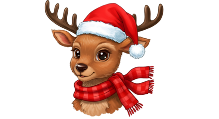 Cute Christmas Reindeer Illustration Wearing Red Santa Hat and Scarf
