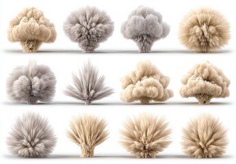 Fluffy, abstract, cloud-like forms in beige and gray, various shapes and sizes, on a white background