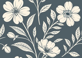 Seamless cute floral pattern with big and little flowers, tender pastel colors. Vector monochrome illustration in vintage style on gray-blue background.
