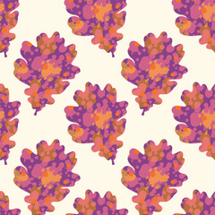 A pattern of autumn Oak leaves, each leaf showing a variety of colors and textures. The dark red background creates a contrast. For textiles, postcards, wrapping, invitations, and banners