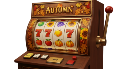 Detailed 3D Render of Autumn Themed Slot Machine with Harvest Symbols