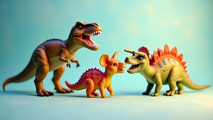 Three colorful dinosaur figurines on a light teal background.