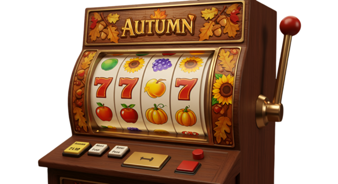 Detailed 3D Render of Autumn Themed Slot Machine with Harvest Symbols - Powered by Adobe