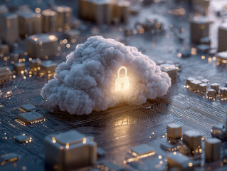 Digital art of a floating, lock-emitting cloud over a cityscape of circuitry, symbolizing cybersecurity innovation - AI-Generated
