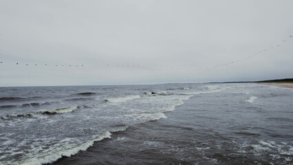 Sea view from the drone. A flock of birds flies over the waves