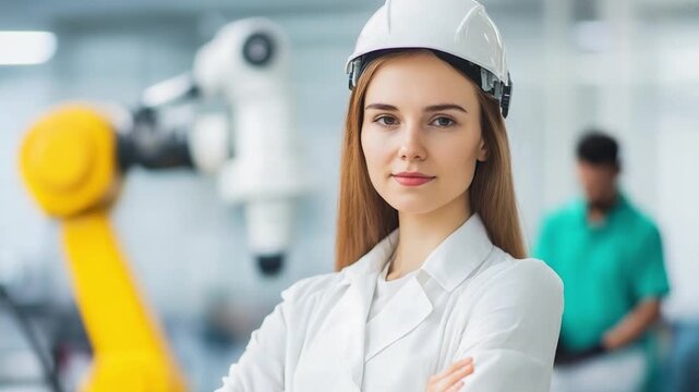 Leading the Automation Revolution: A female engineer, radiating confidence, stands at the forefront of advanced technology, showcasing a commitment to innovation within an industrial facility.