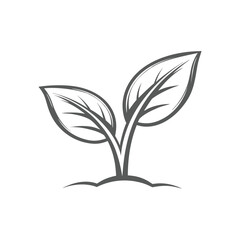 Simple grey outline of two leaves sprouting from the ground leaf plant