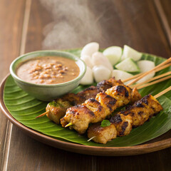 Realistic photo of Indonesian chicken satay with peanut sauce and rice cakes