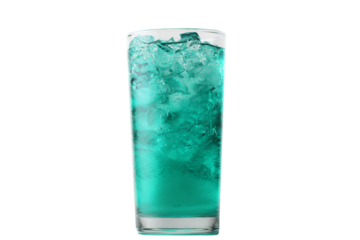 a glass of green liquid with ice on a white background
