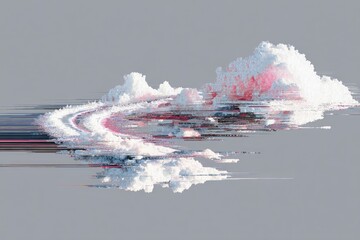 Abstract digital art of a swirling, distorted landscape. Soft, white, and pink cloud formations with a blurry, glitch effect. Gray background