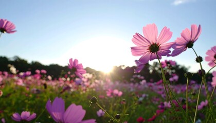 Sunlit Cosmos Field: Pink Flowers Silhouetted Against a Bright Sky