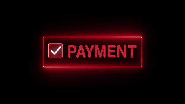 Glowing neon light payment button animation on transparent background. Secure online payment concept. neon payment button with checkmark animation

