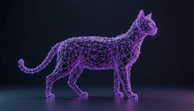 Purple wireframe rendering of a side view of a cat.