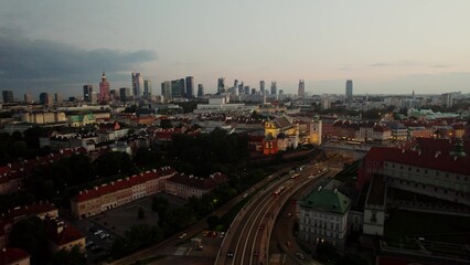 Obraz premium The historical center of Warsaw from bird's-eye view. Drone view of the old town