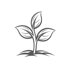 Stylized grey plant sprout with three leaves growing from soil growth nature
