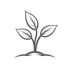 Stylized grey plant sprout with three leaves growing from soil growth seedling