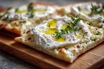 Close up of flavorful flatbread topped with cream and oil