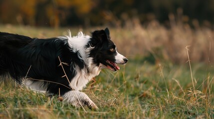 Fototapeta premium A Border Collie in Profile, Fixated on Prey and Poised to Strike—Muscles Tensed, Eyes Focused, Capturing the Intensity of a Hunter Readied for Action in a Dynamic, Alert Stance
