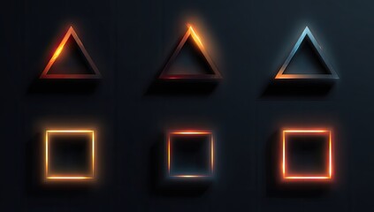 Neon-outlined shapes, triangles and squares, dark background
