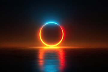 Neon ring portal over calm water
