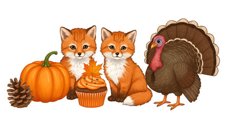 Cute Fox And Turkey With Pumpkin Thanksgiving Illustration On Transparent Background