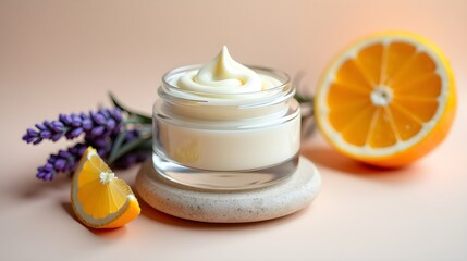 Moisturizing Face Cream with Orange and Lavender on Stone Stand