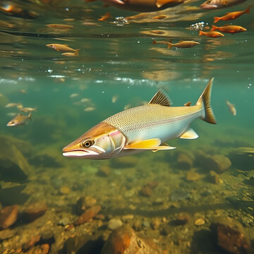 Shoal of Sauger and Native Fish in Wild Freshwater River Scene