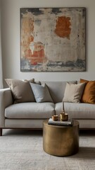 Serene modern living room featuring a textured abstract artwork above a plush sofa and brass side table.
