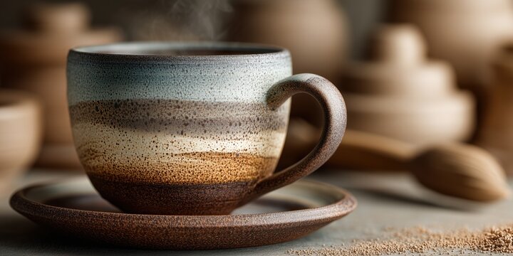 Handcrafted ceramic coffee mug with saucer, brown blue glaze, artistic craft scene

