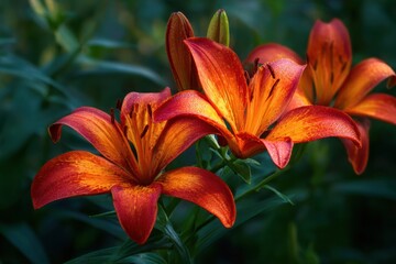 close up of garden lilies in red orange