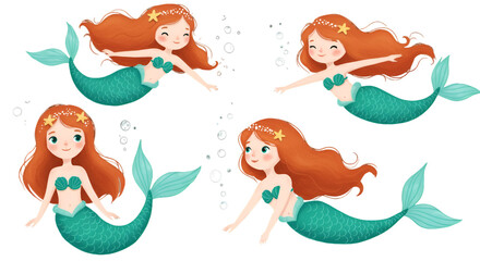 Cute Illustration Of Four Mermaids With Red Hair On Transparent Background