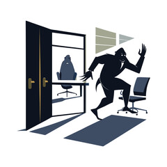 Dynamic silhouette of an ape forcefully kicking open boardroom doors, symbolizing bold leadership, breakthrough success, power move, and fearless business innovation concept vector design.