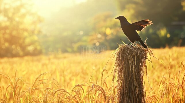 Silhouette crow perched on a post in a golden rice paddy at sunrise
