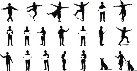Silhouette vector illustration of people standing, dancing, skateboarding, reading, pointing, holding paper, wearing costumes, walking dogs, human actions, character design, black shape icons set