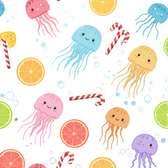 Cute Jellyfish Pattern Illustration With Seamless Black Background And Fruits