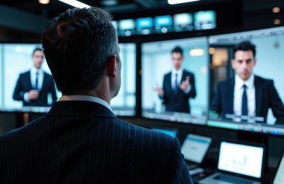 Business professional monitoring multiple screens displaying video conference calls in a modern office environment