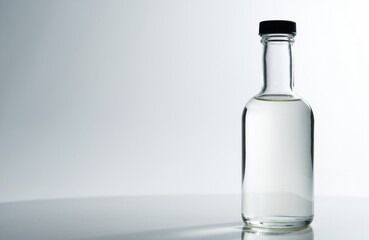 A clear glass bottle filled with transparent liquid on a plain white background