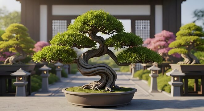 A majestic, twisted bonsai tree in a pot, situated in a tranquil and traditional Japanese zen garden