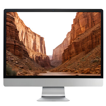 A Moniter with a canyon landscape on the screen, the canyon has steep rock walls and a river flowing through it