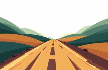 Colorful stylized landscape with a road stretching into the distance and rolling hills on both sides