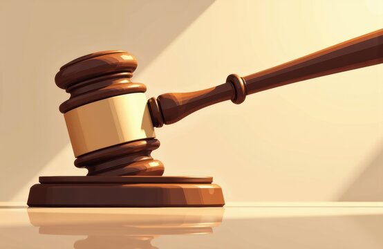 A judge's gavel resting on a sound block with a wooden handle extending outward